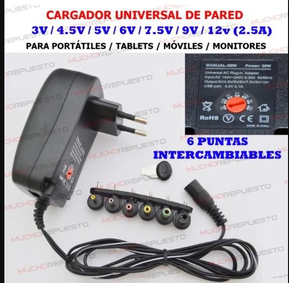 Adaptador de corriente universal 30W con 6 conectores