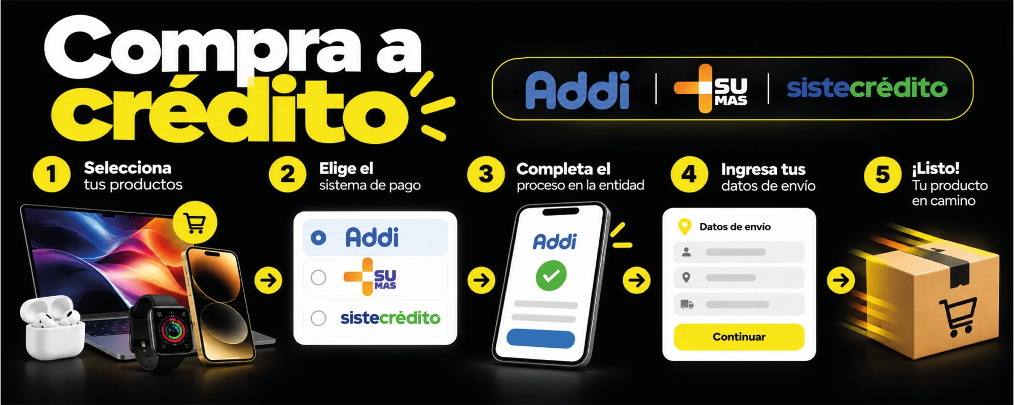 Compra a crédito con Addi, Su+ y Sistecrédito en 5 pasos: selecciona tus productos, elige el sistema de pago, completa el proceso en la entidad, ingresa tus datos de envío y listo